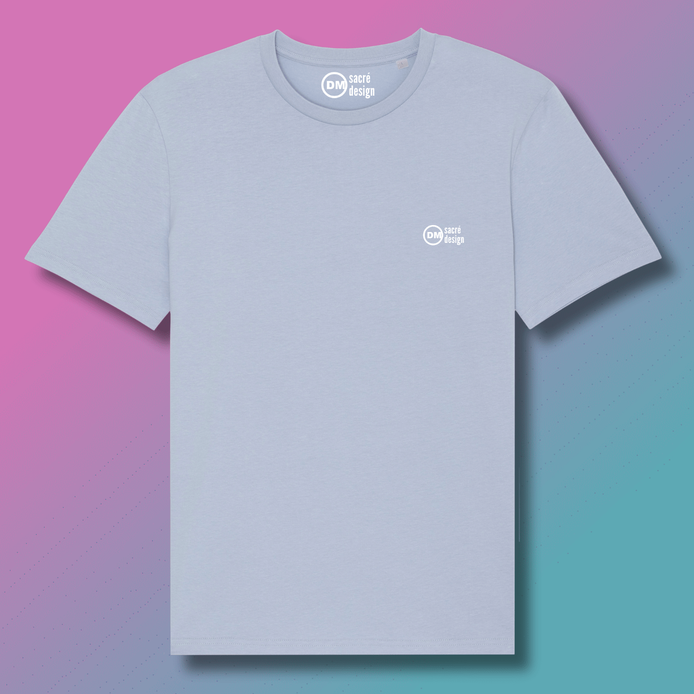 T-shirt DM CATHOLIQUE en couleur bleue ciel sur www.dmsacredesign.fr