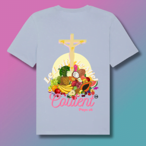 T-SHIRT CATHO DM, Lait et Miel en couleur bleue ciel sur www.dmsacredesign.fr