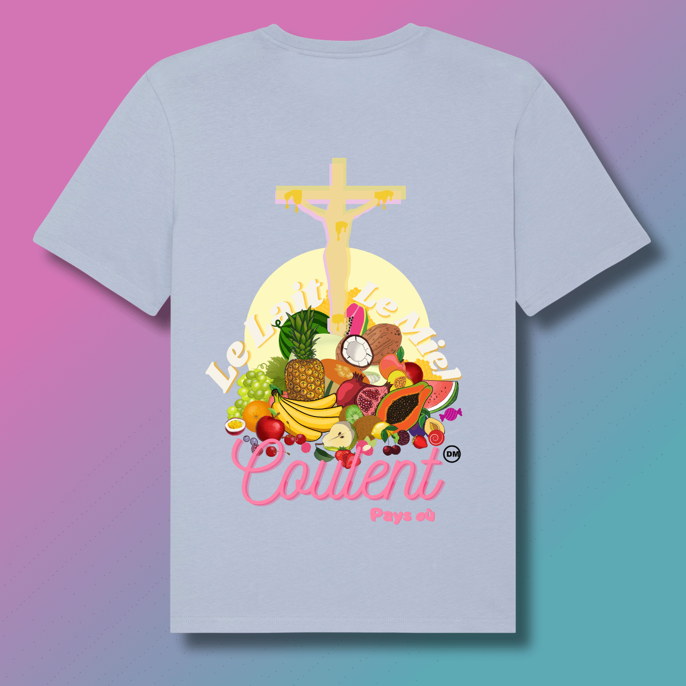 T-SHIRT CATHO DM, Lait et Miel en couleur bleue ciel sur www.dmsacredesign.fr